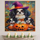 Japanese Chin Dog Halloween Canvas Wall Art with Pumpkins and Witch Hats Rustic Fall Farmhouse Decor on Ready to Hang 1.5" Thick Canvas Wrap, Floating Framed Canvas, Flat Rolled Canvas